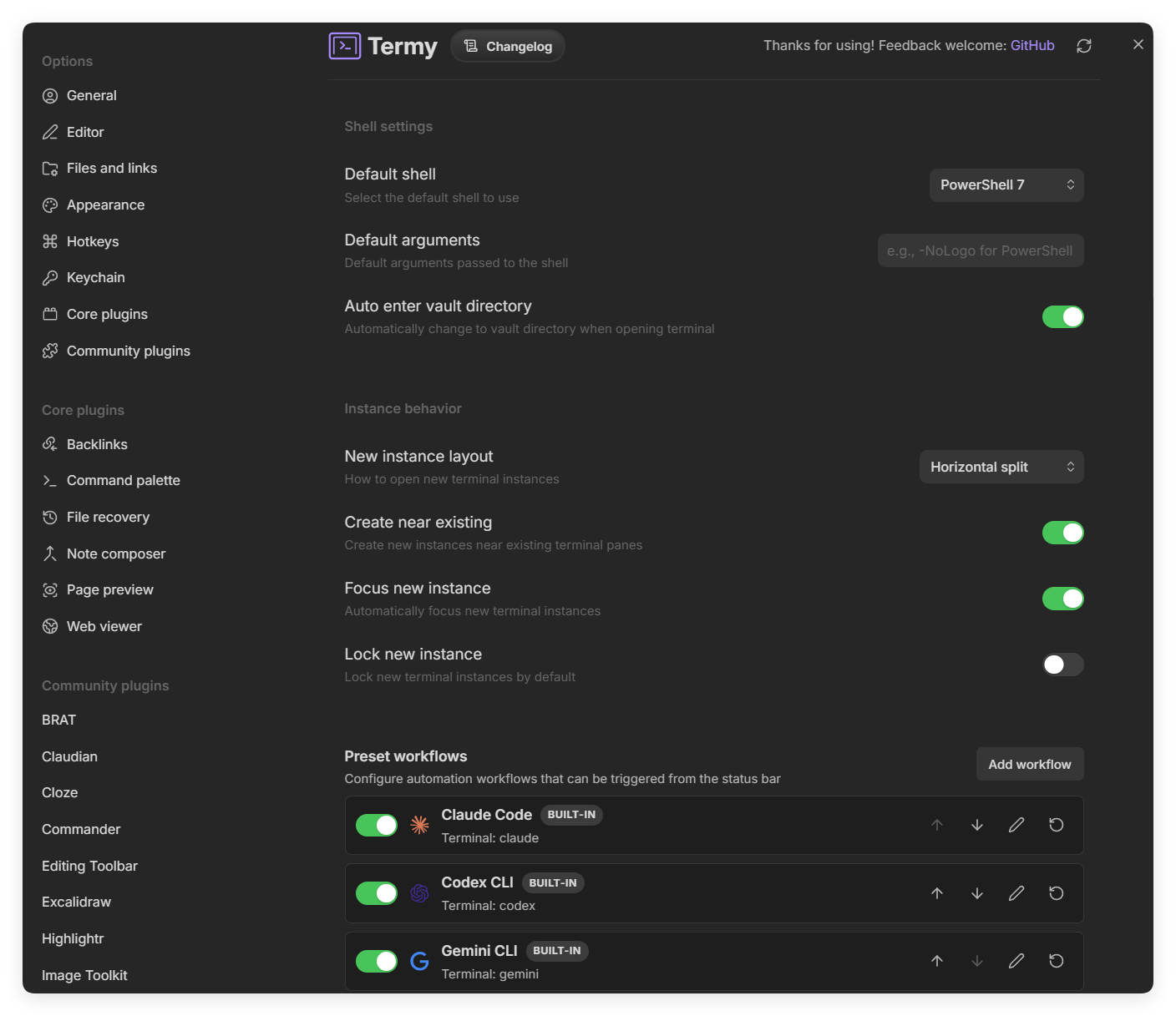 Termy workflow settings with built-in Claude Code, Codex CLI, OpenCode, and Gemini CLI entries