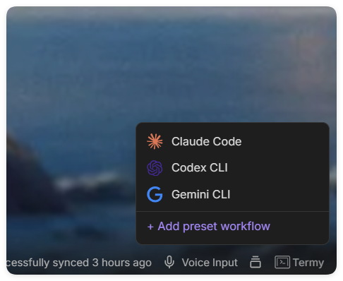 Termy workflow launcher menu from the status bar
