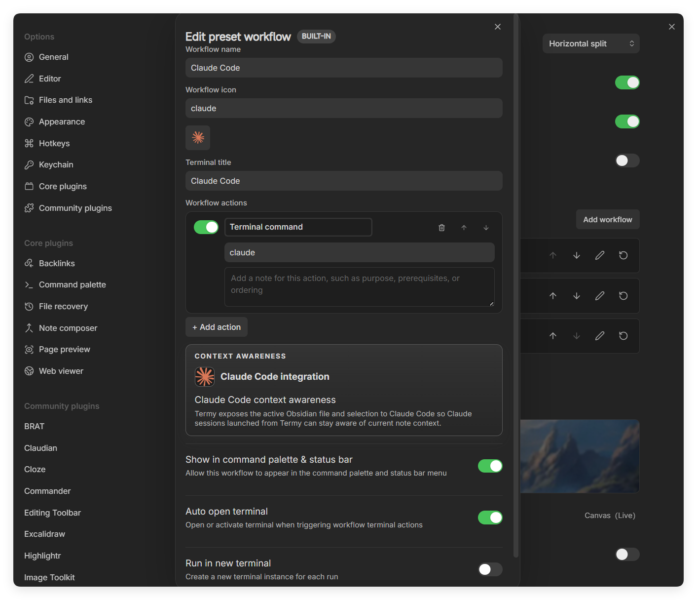 Termy preset workflow editor with actions, notes, and context-awareness settings
