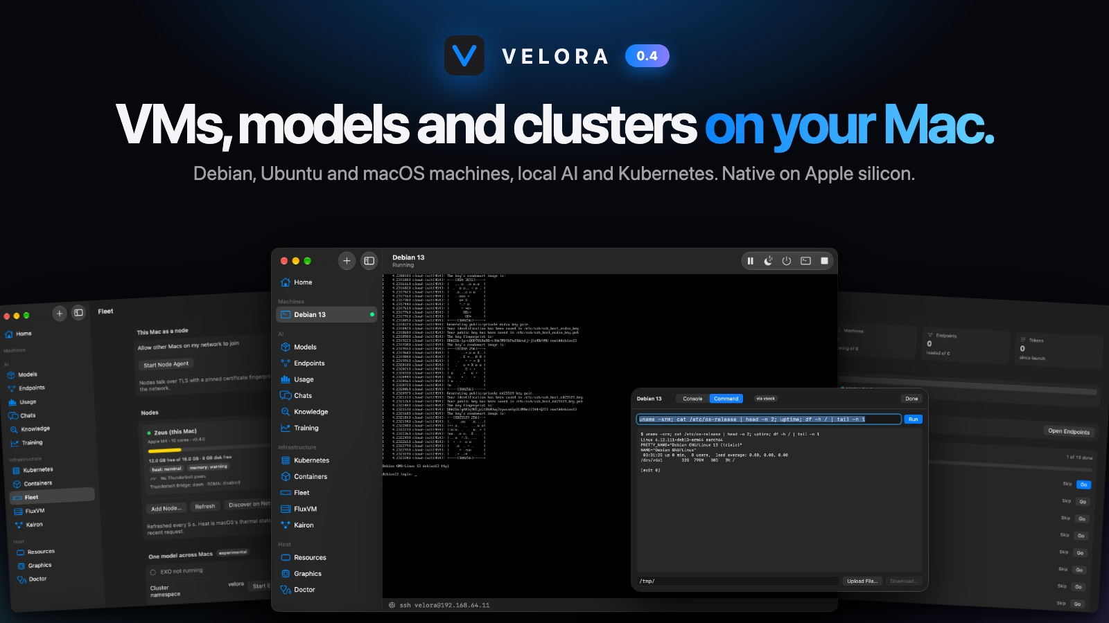 Velora 0.4: a Debian VM console, local AI and Kubernetes on a Mac
