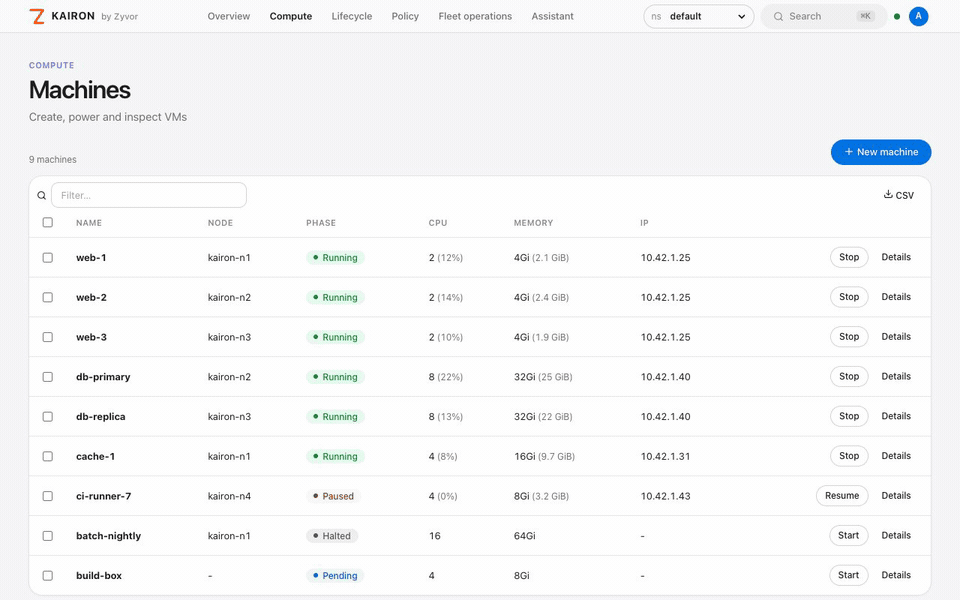 Selecting three Machines and stopping them together