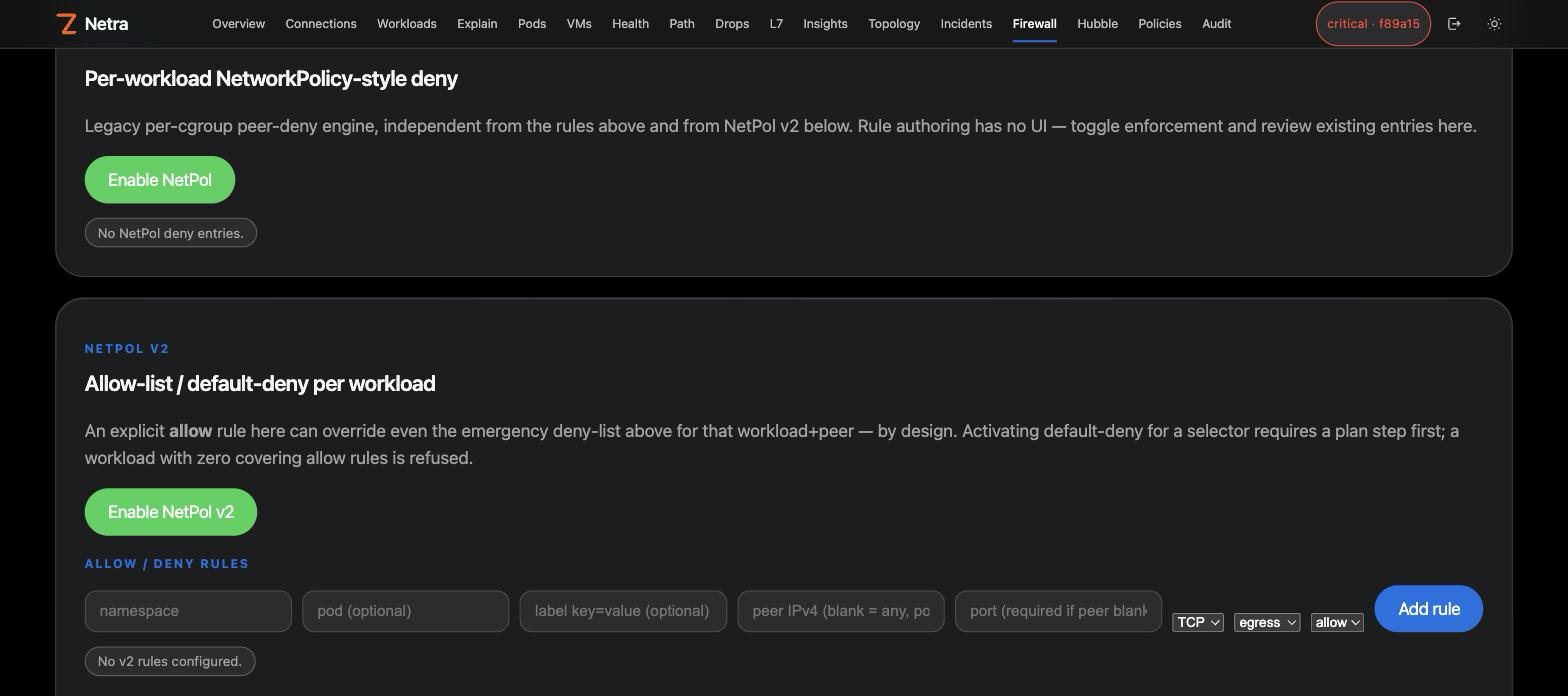 Firewall dashboard — unified rules, NetPol v2 allow-list/default-deny