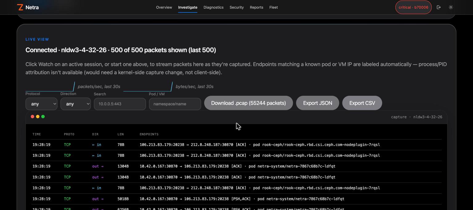 Capture Live View — color-coded terminal feed with pod/VM attribution