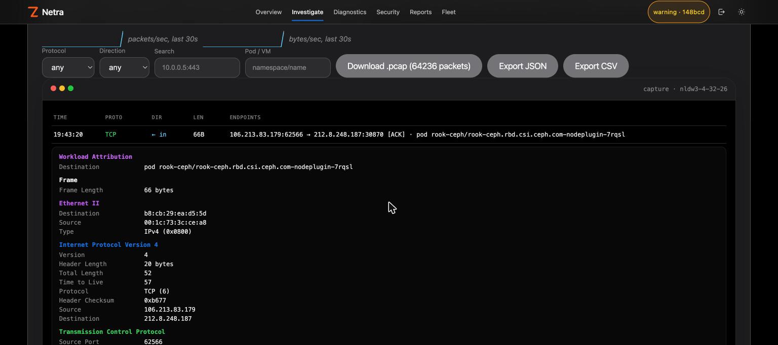 Wireshark-style packet detail, expanded from a live-view row