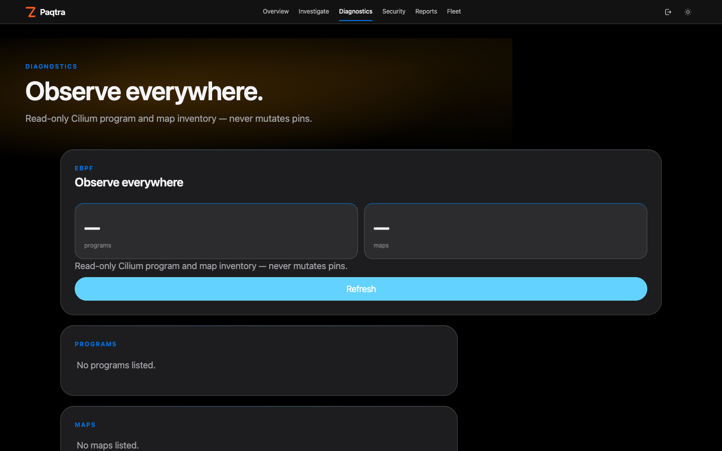 eBPF map and program inventory (read-only)