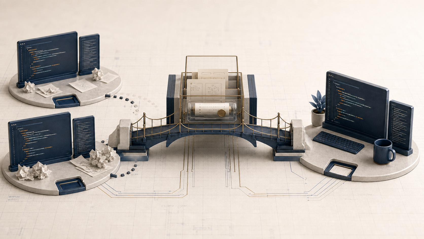 Rendered workspace scene with three code workstations connected by bridges to a central cabinet holding cards and a scroll.