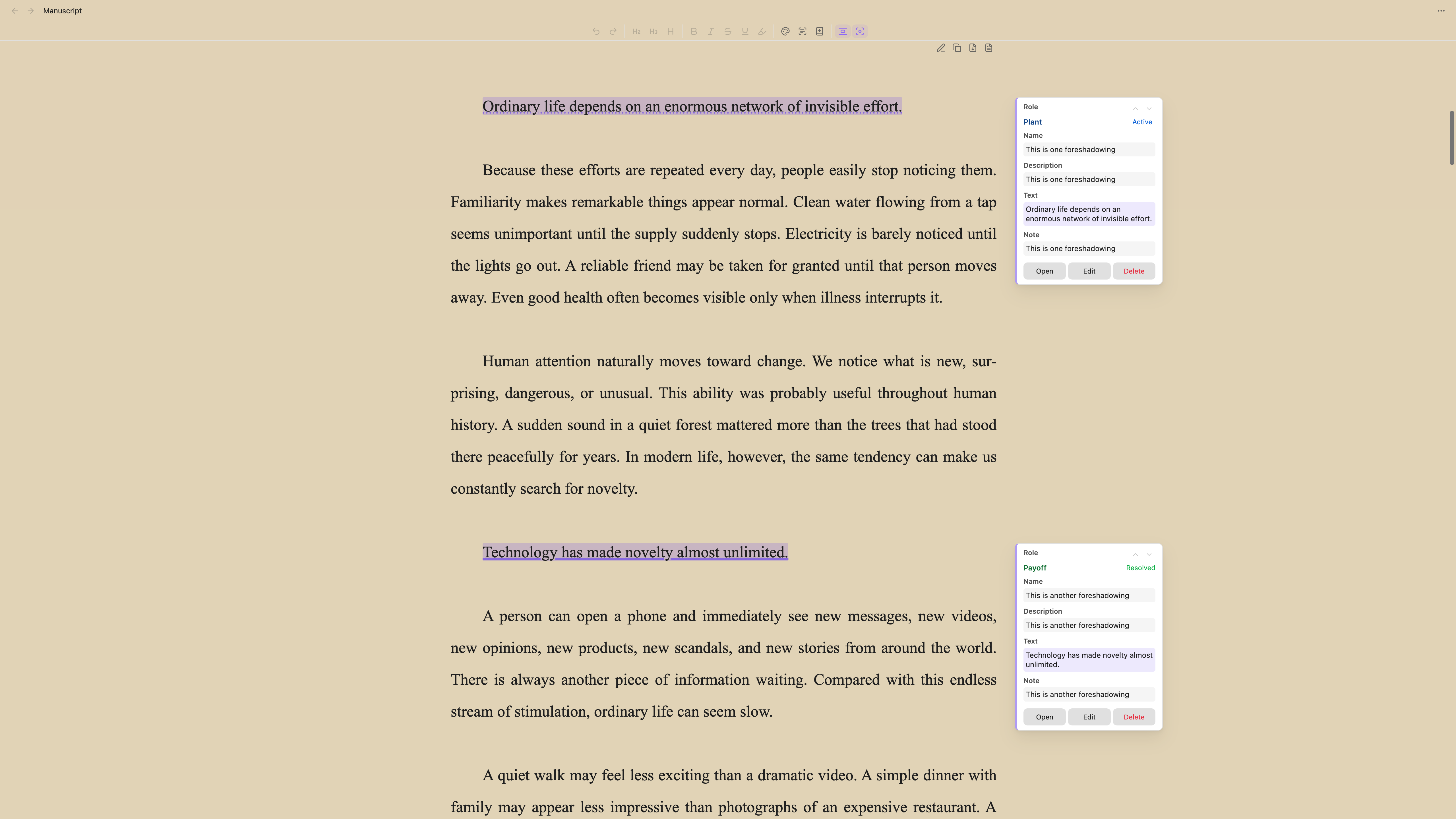 Two foreshadowing occurrences marked in a chapter of the manuscript stream, each with a card in the right margin holding its role and status, the thread's name and description, the words marked, a note, and Open, Edit and Delete