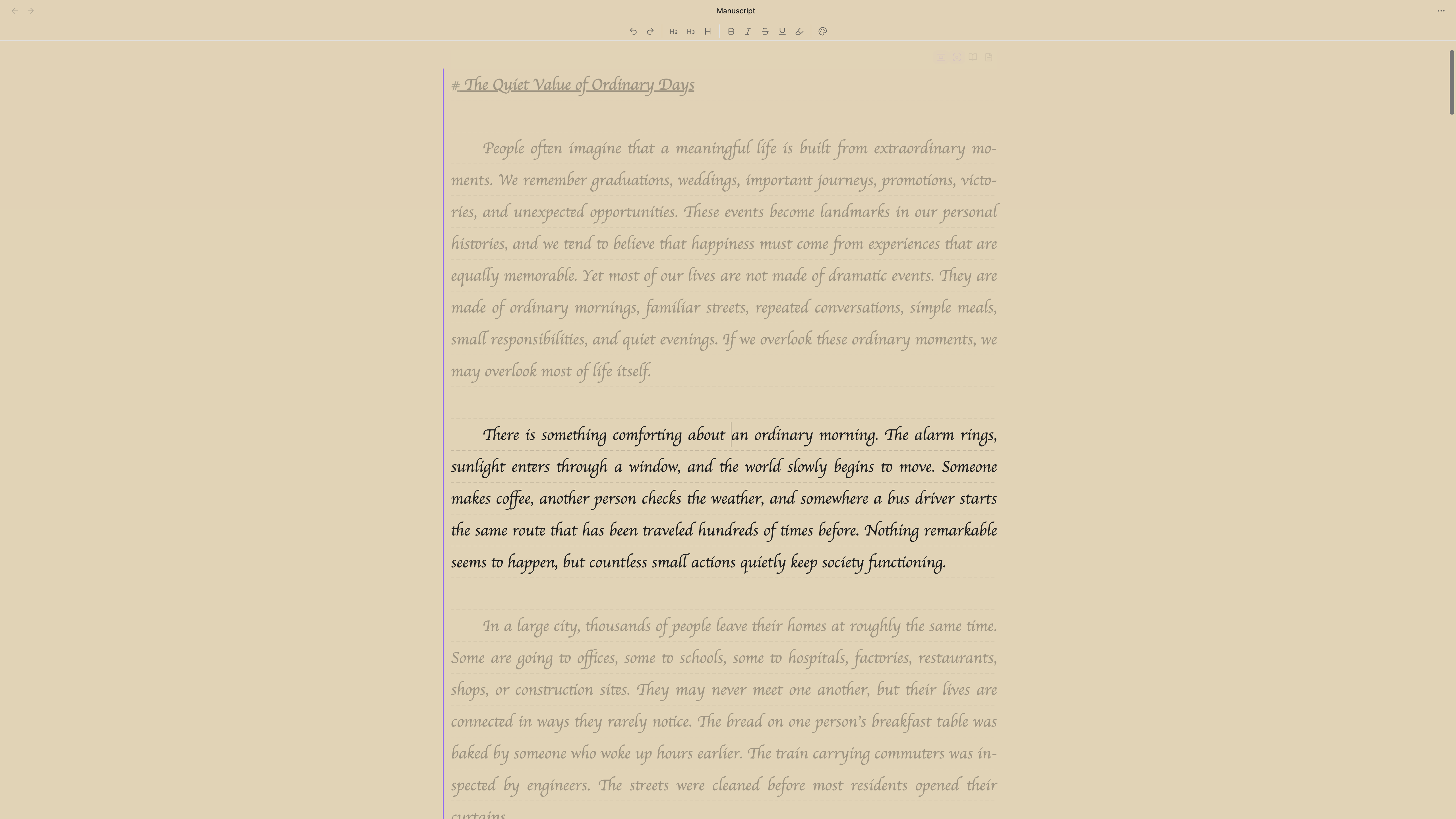 A chapter set in a custom font on a tinted ground, justified with automatic hyphenation, first lines indented, dashed grid lines behind the text, and focus mode keeping the paragraph being written in full ink