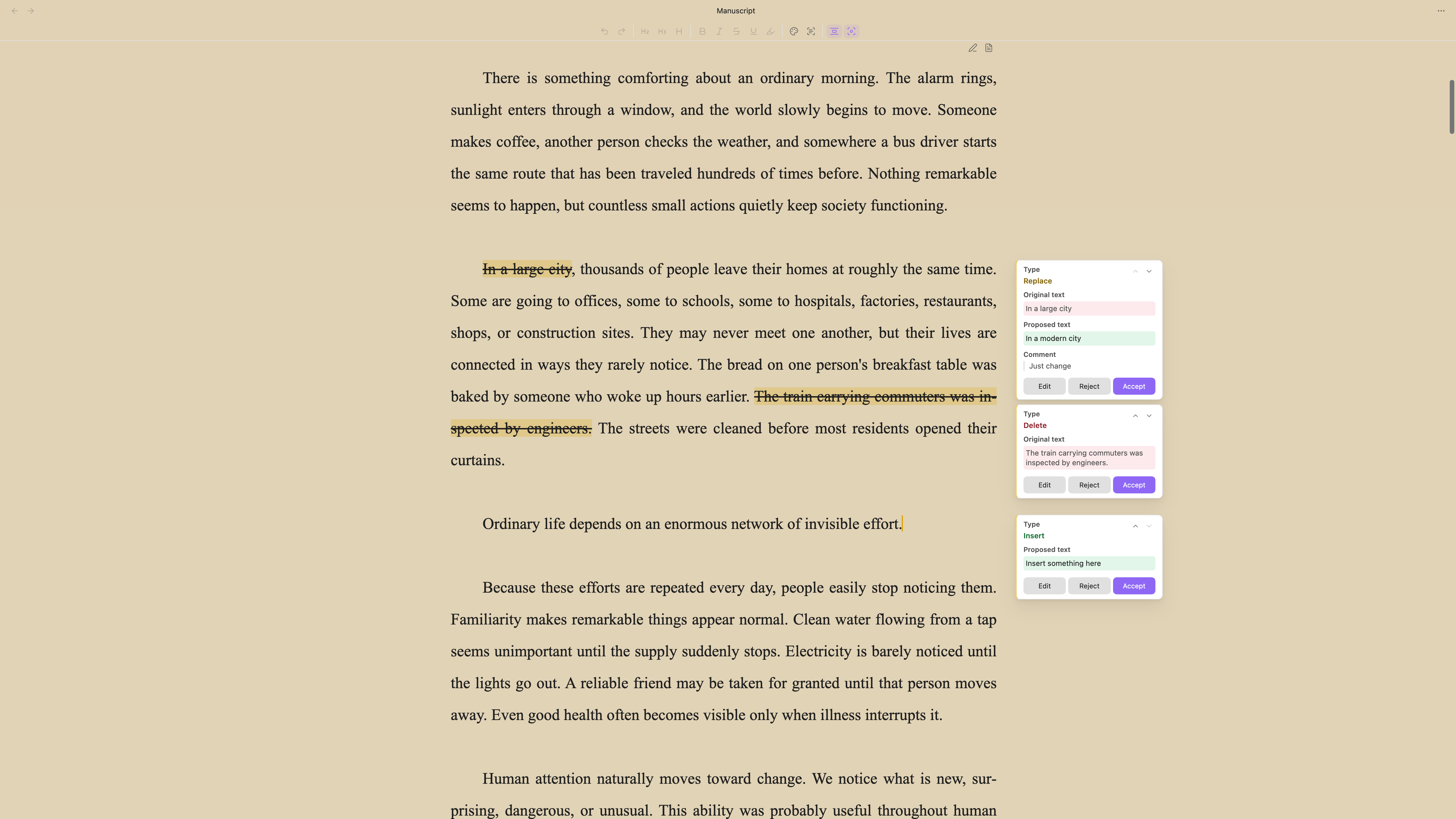 Three revisions beside a chapter in the manuscript stream: a replacement and a deletion struck through in the prose, an insertion marked by a bar, and a card for each with the original text, the proposed text, a comment, and Accept, Reject and Edit