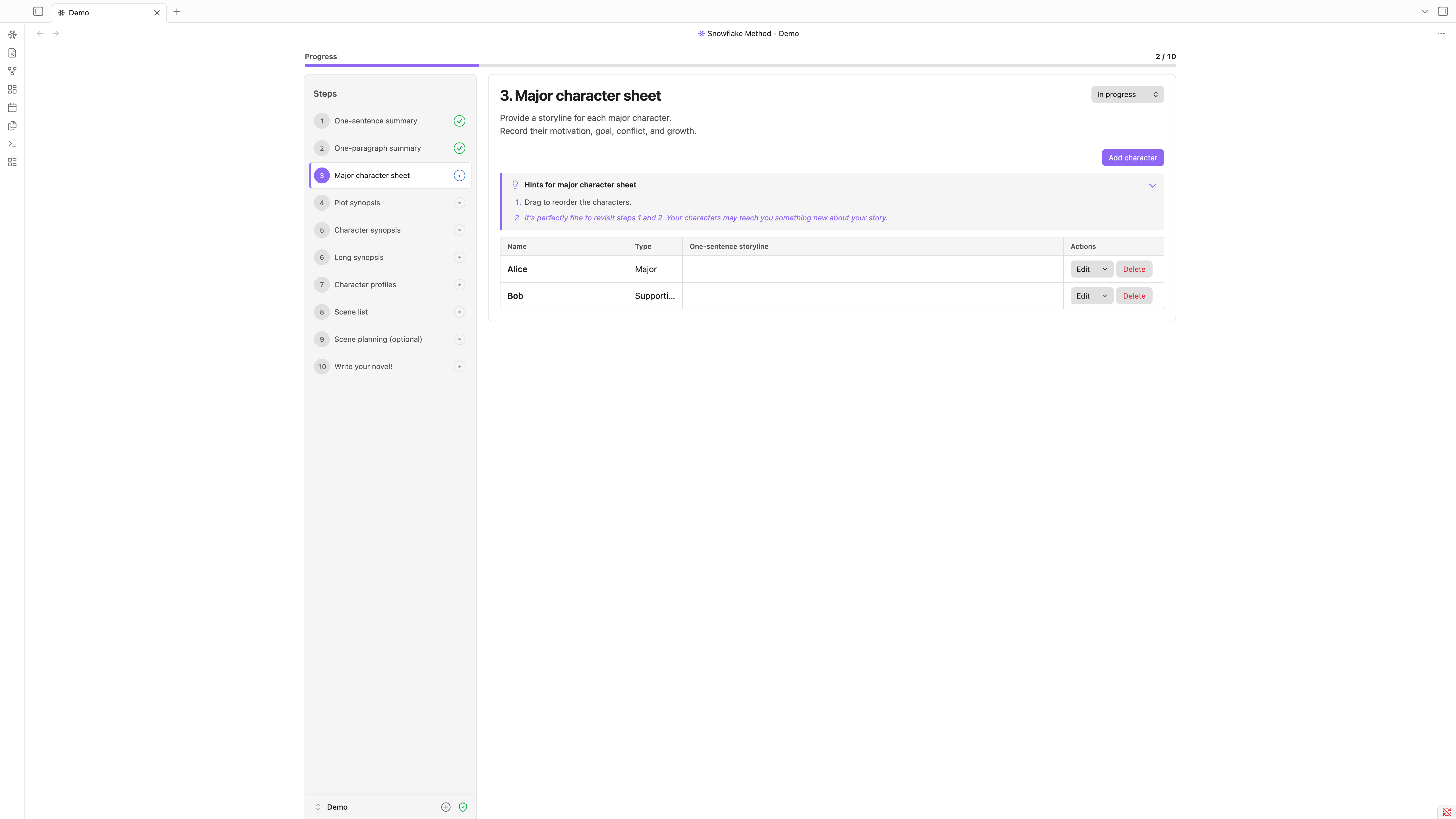 Step 3 — Major character sheet