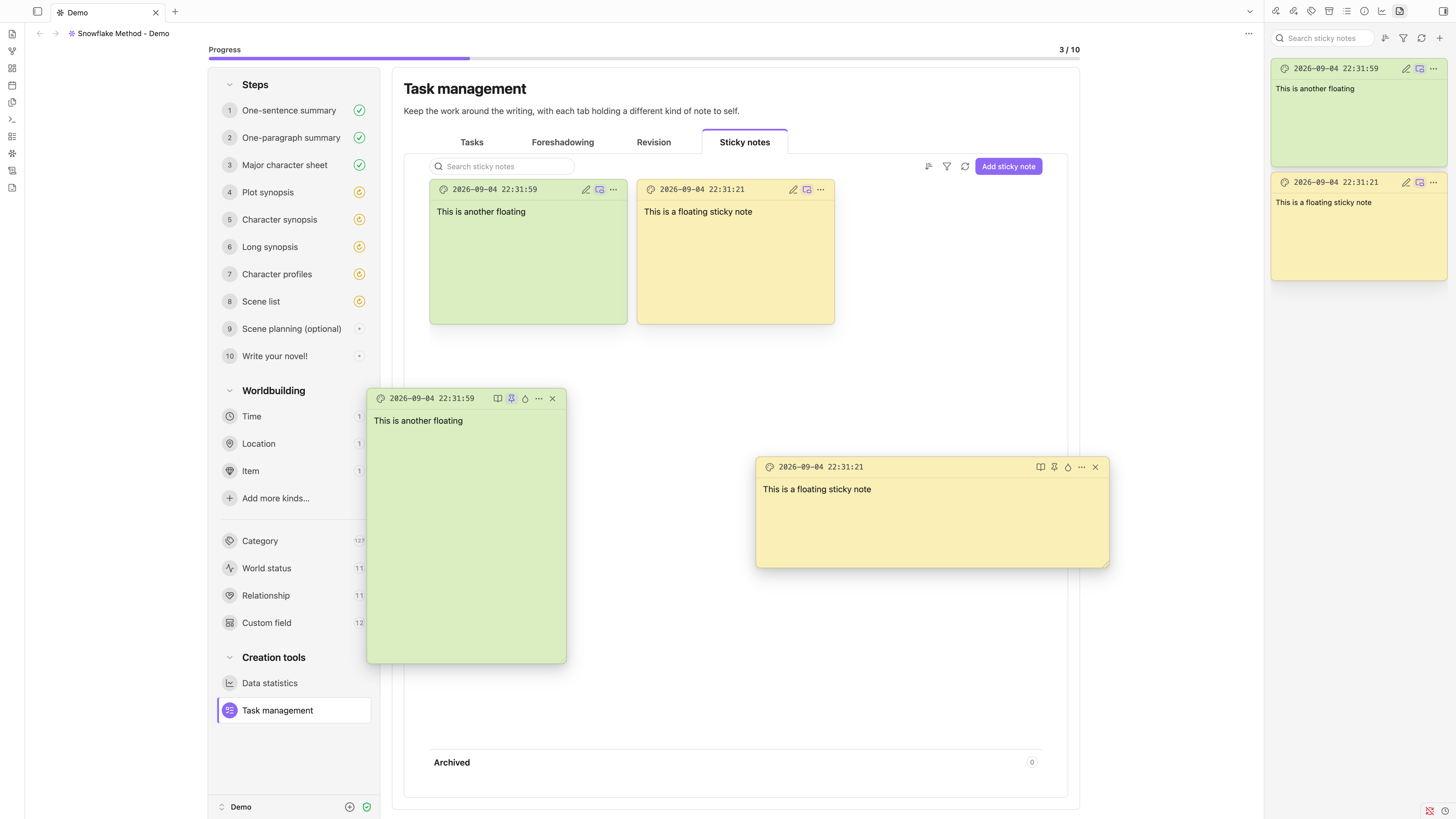 The dashboard's Sticky notes tab with two colored cards and a collapsed archive, the same two notes as compact cards in the sidebar, and both floating as resizable panels over the workspace