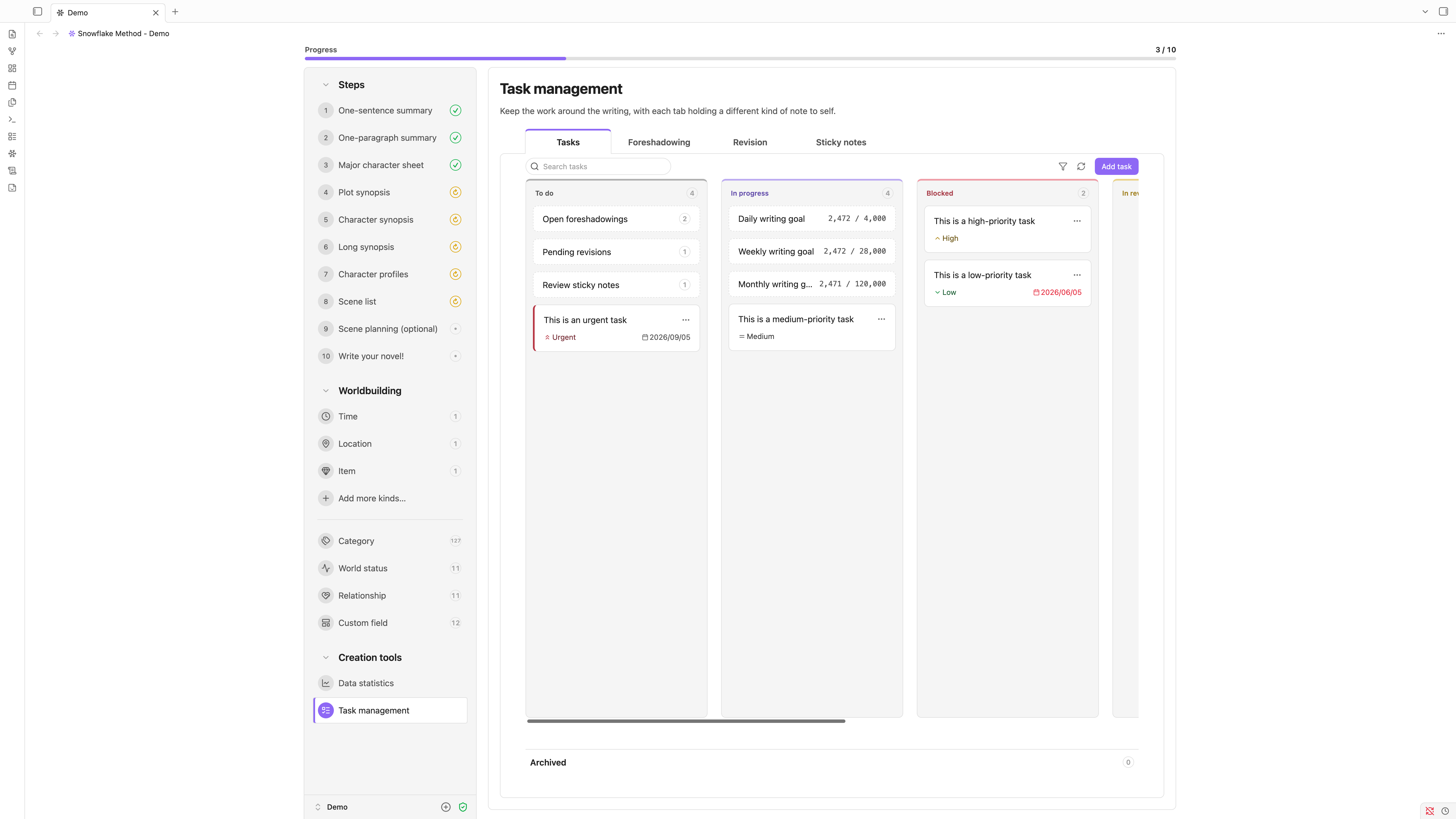 The Task management pane's Tasks tab as a Kanban: To do holding derived cards for open foreshadowings, pending revisions and sticky notes to review above an urgent task with its due date, In progress holding the daily, weekly and monthly writing goals with their word counts, Blocked holding a high-priority task and an overdue low-priority one, and a collapsed archive under the board