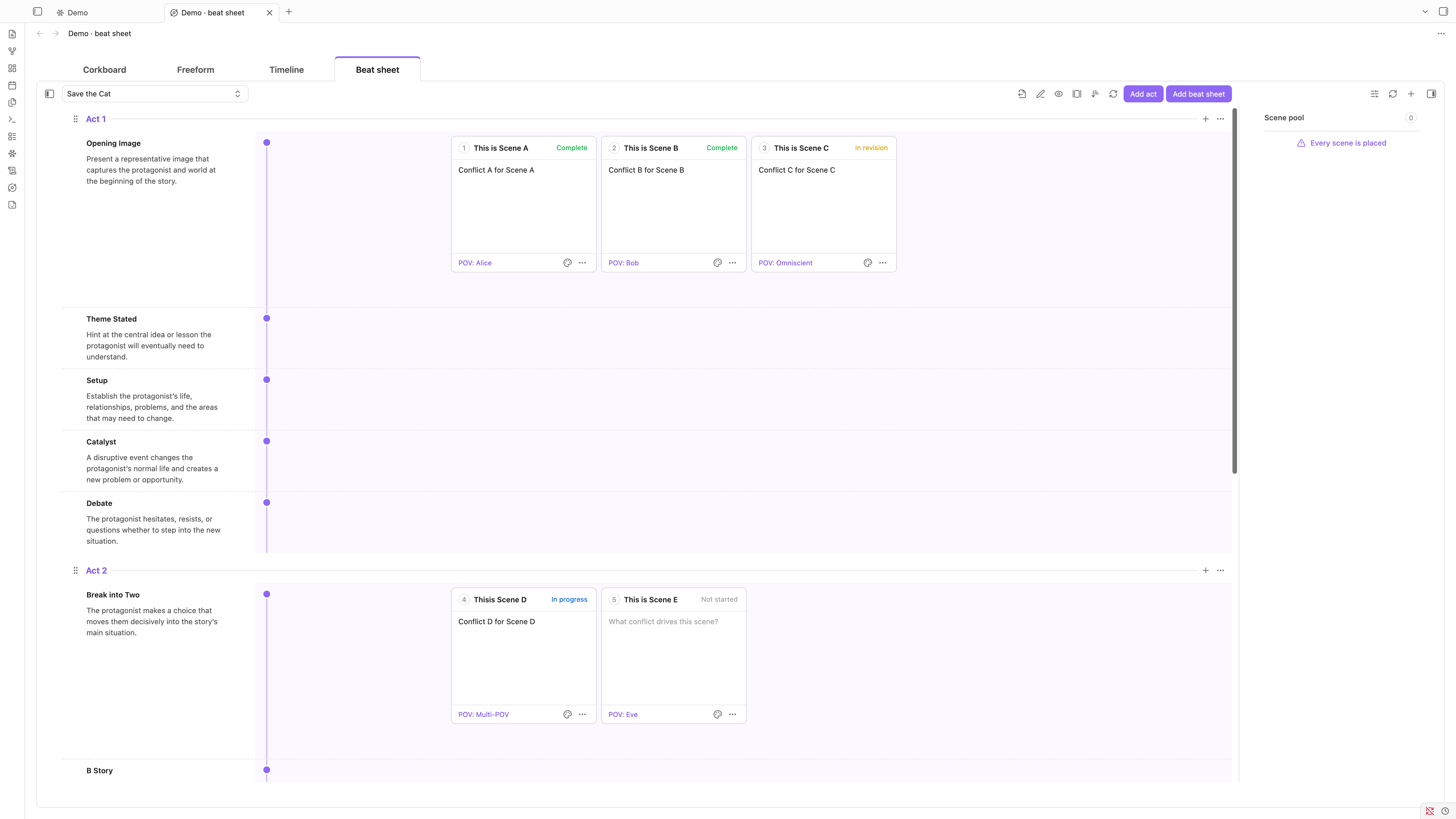 The Visualization workspace on its Beat sheet tab: a sheet made from the Save the Cat template chosen in the field above, Act 1 and Act 2 each a header with a handle, a + and a menu, the beats of each act down the left with their names and descriptions against an axis with a node at every beat, three scene cards placed under Opening Image and two under Break into Two, Add act and Add beat sheet at the end of the toolbar, and the scene pool on the right empty and reading Every scene is placed