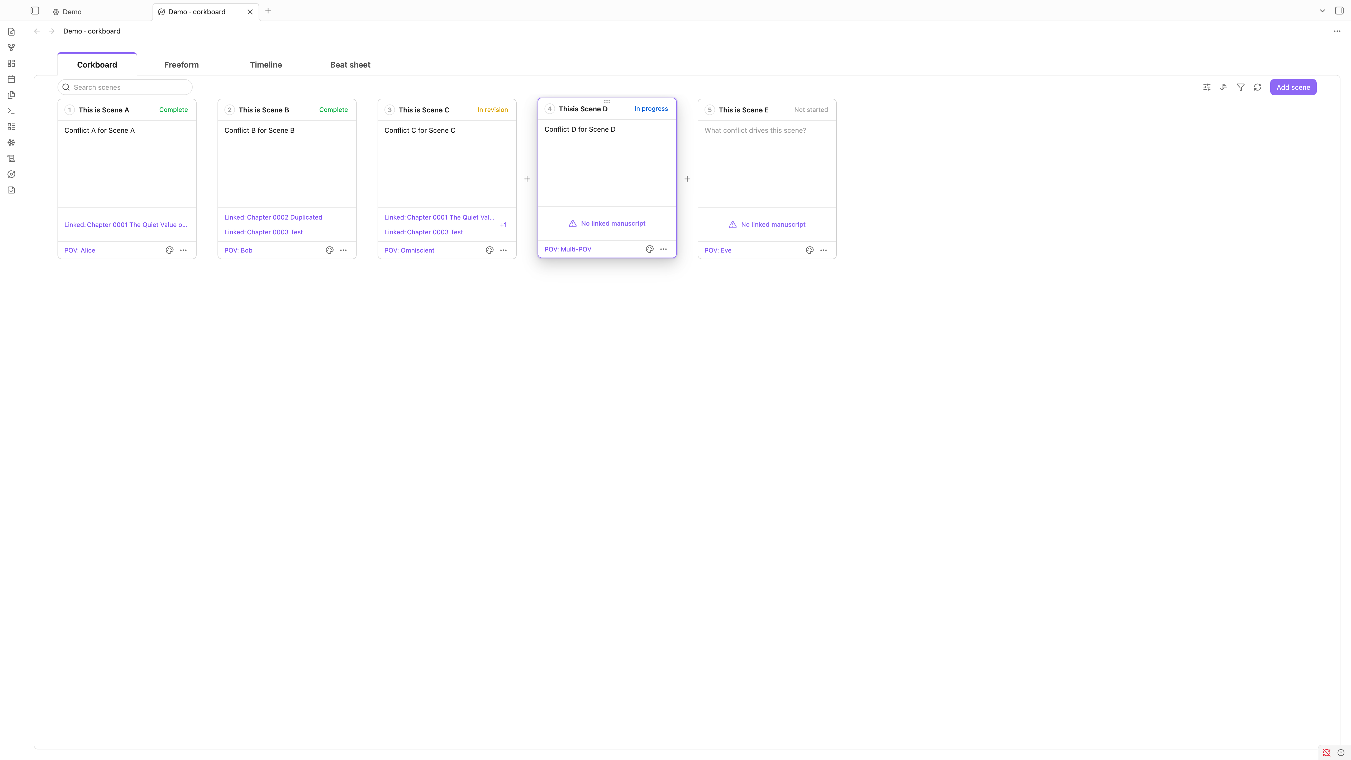The Visualization workspace on its Corkboard tab: five scene cards in narrative order, each numbered and carrying its progress status, its conflict, the manuscript chapters it links to and its point of view, one card focused and showing the grip it is dragged by, a + standing between neighbours to insert a scene, and search, display, order, filter, refresh and Add scene in the band above
