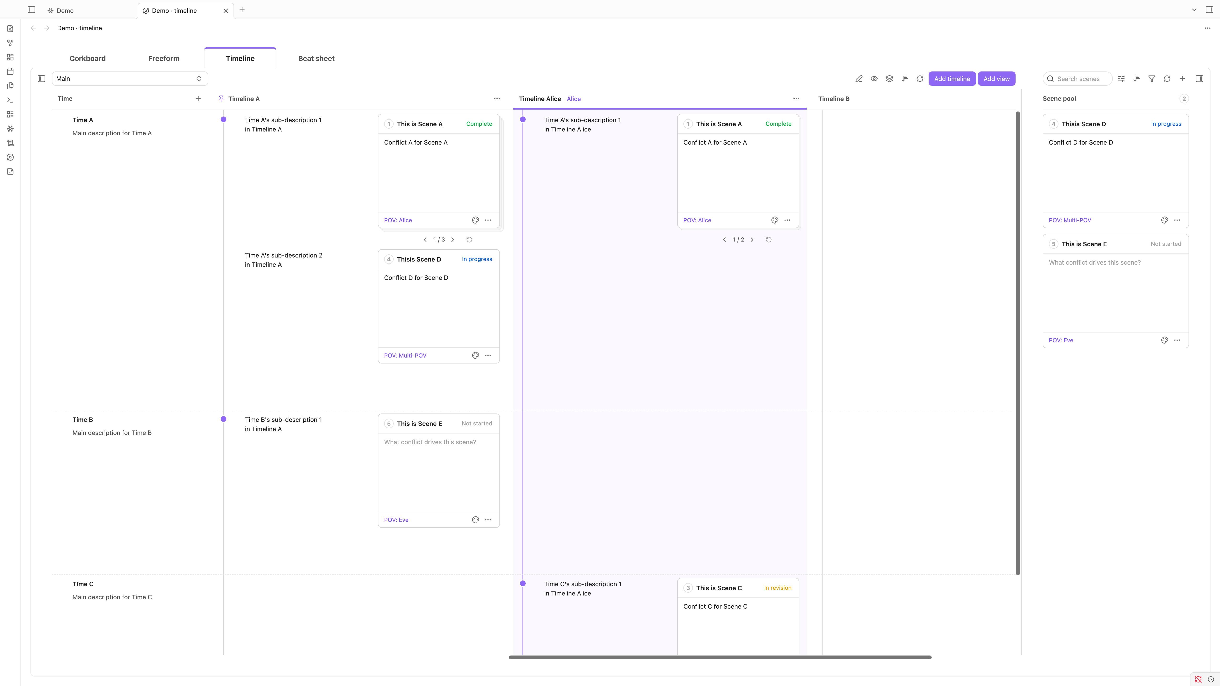The Visualization workspace on its Timeline tab: a shared Time column on the left holding three times with their main descriptions, three timelines beside it, one of them pinned and one bound to the character Alice and active with a tint, sub-descriptions written in each cell against an axis with a node at every time it reaches, scene cards placed on those rows with one stack reading 1 / 3, and the scene pool on the right holding the two scenes this timeline has not placed
