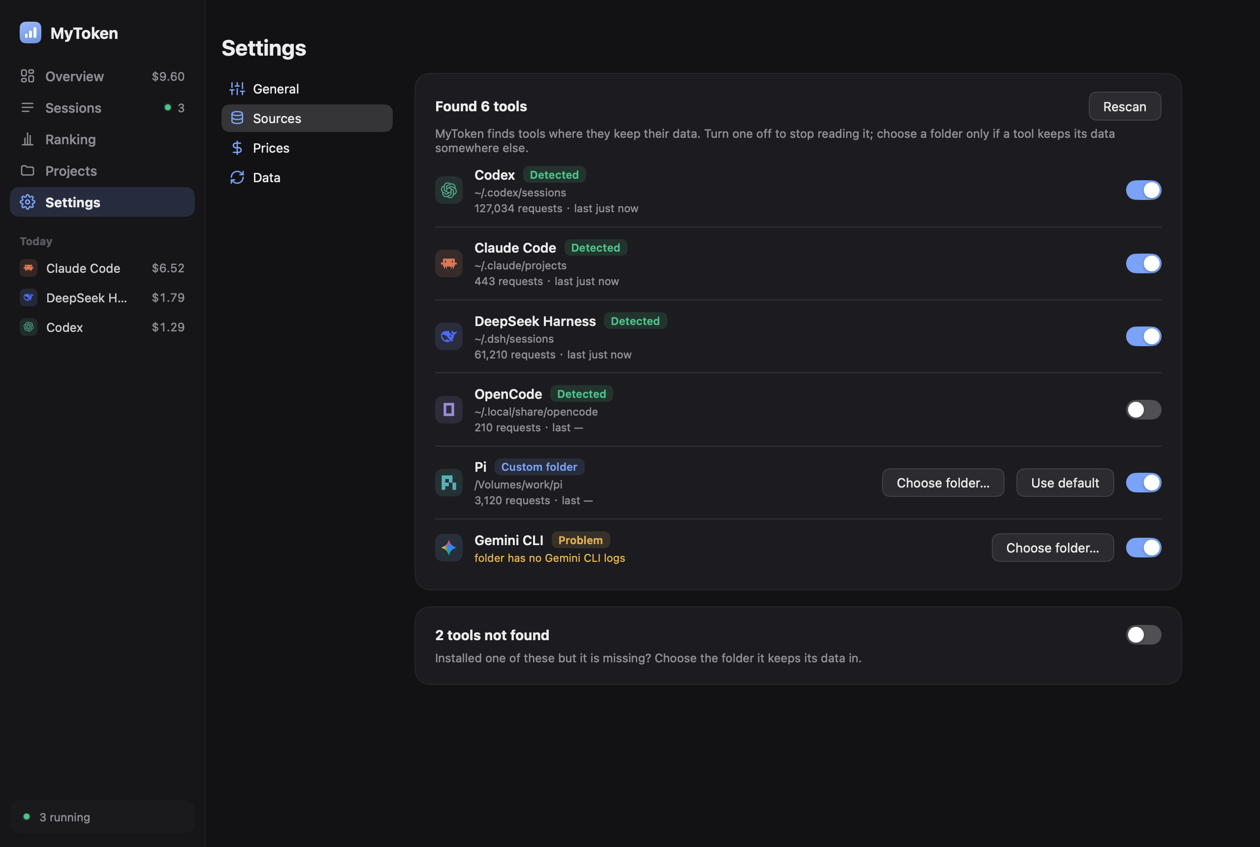 Settings: detected tools, each with an on/off switch and an optional folder