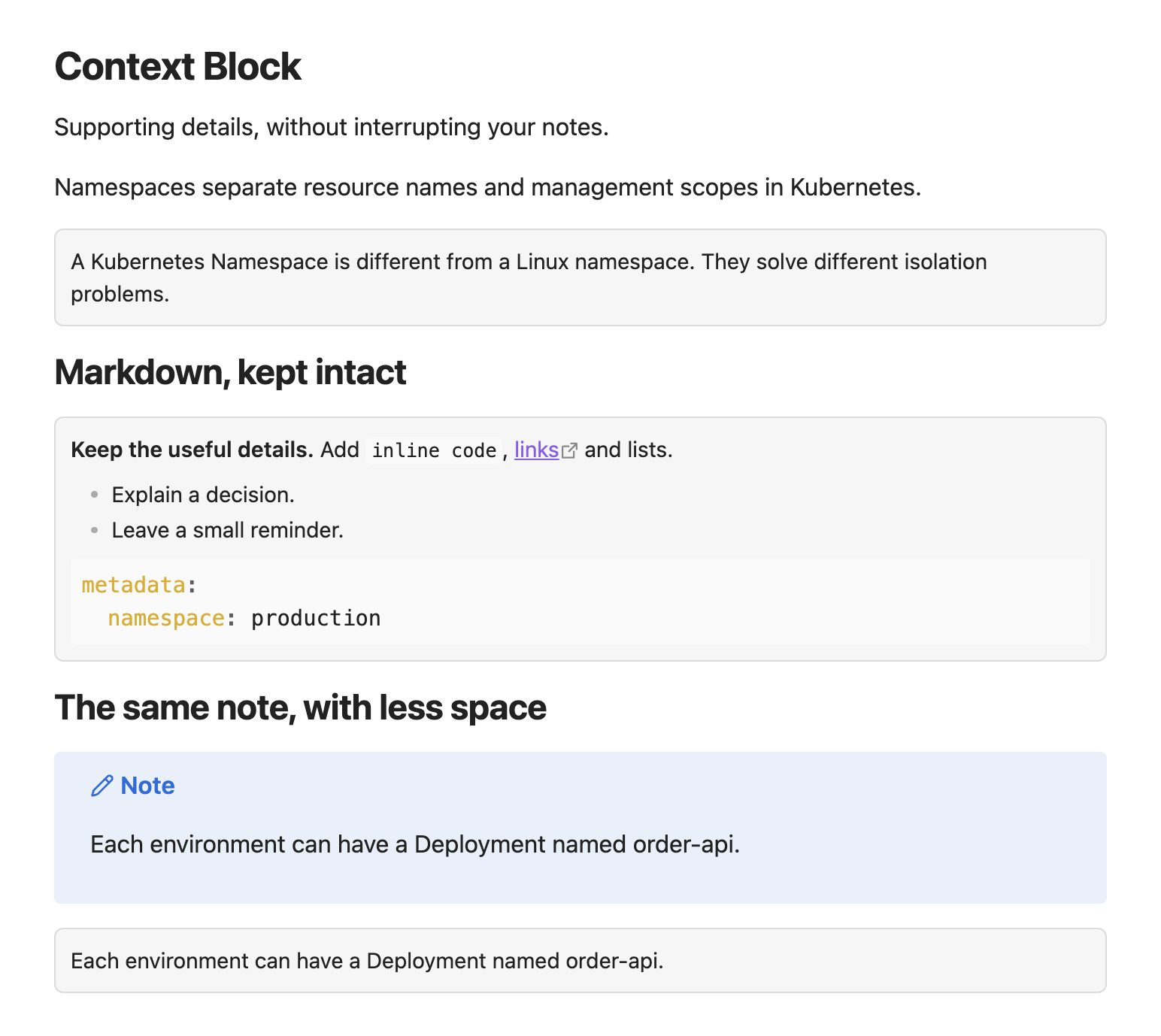 Context Block in Obsidian: a compact explanation, formatted Markdown with YAML code, and the same sentence in a standard Note callout and a smaller context block.