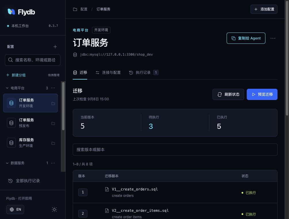 Flydb 本机工作台:多环境分组、迁移状态与 Agent 交接