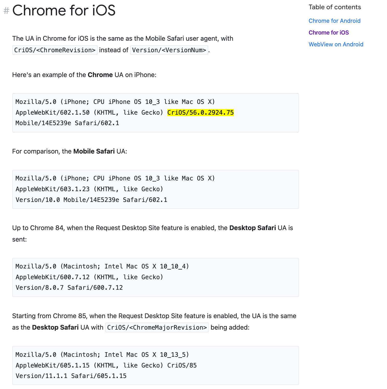 Chrome Developers / User-Agent Strings