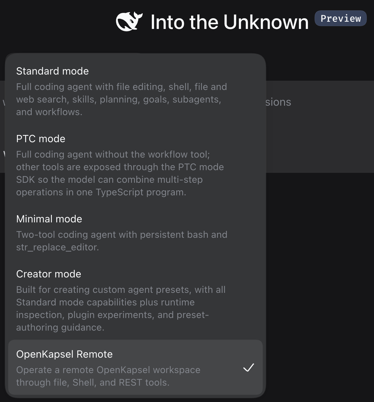 DSH preset picker with OpenKapsel Remote selected and its English description visible