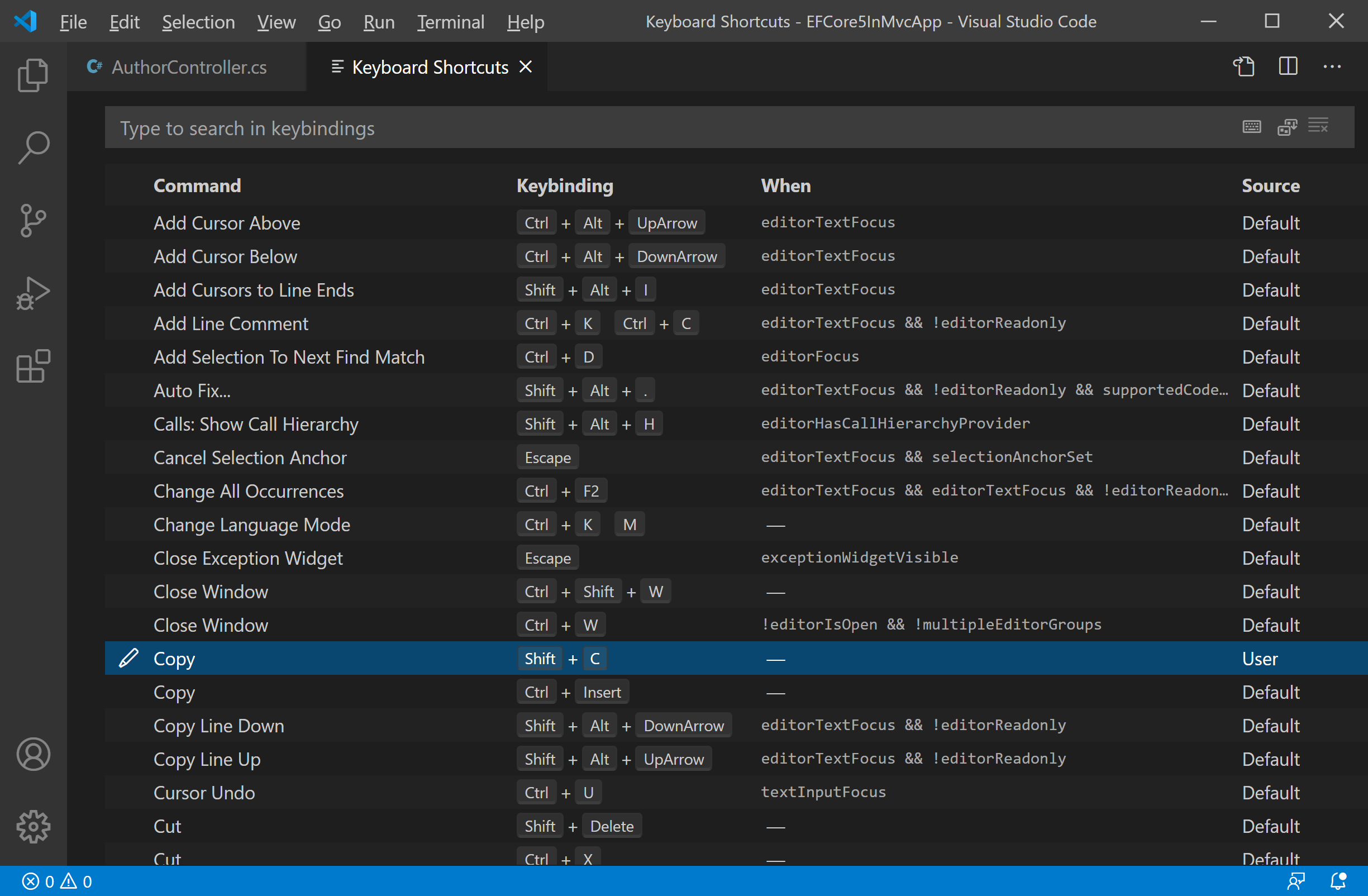 visual studio shortcut comment code